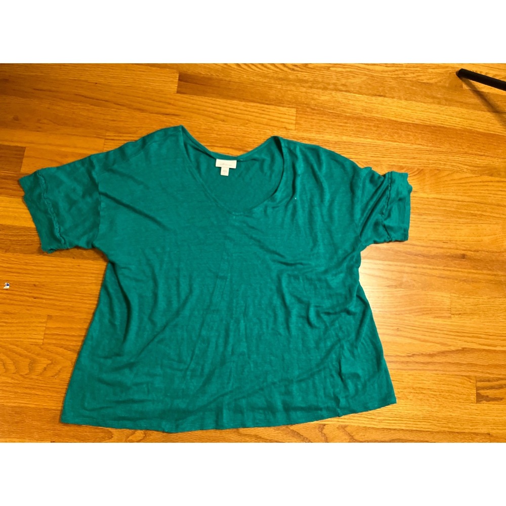 Vtg 80's J Jill Love Linen 100% Linen V-Neck Oversized Tee Green Size L